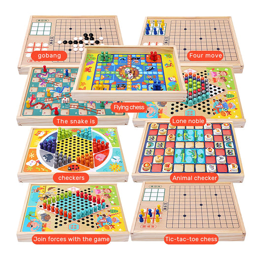 Board Game Chess Set 9-In-1 Portable Wooden Flying Chess Checkers Catapult Snakes and Ladders Game Puzzle Board Game Set Toys