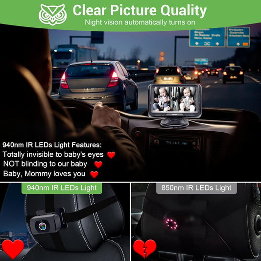 Baby Car Camera Ease Installation: Eye Protection Clear Night Vision 360° Rotation Rear Facing Baby Car Mirror for 2 Kids HD 1080P 150° Wide View Stability Backseat Camera with Monitor - N06